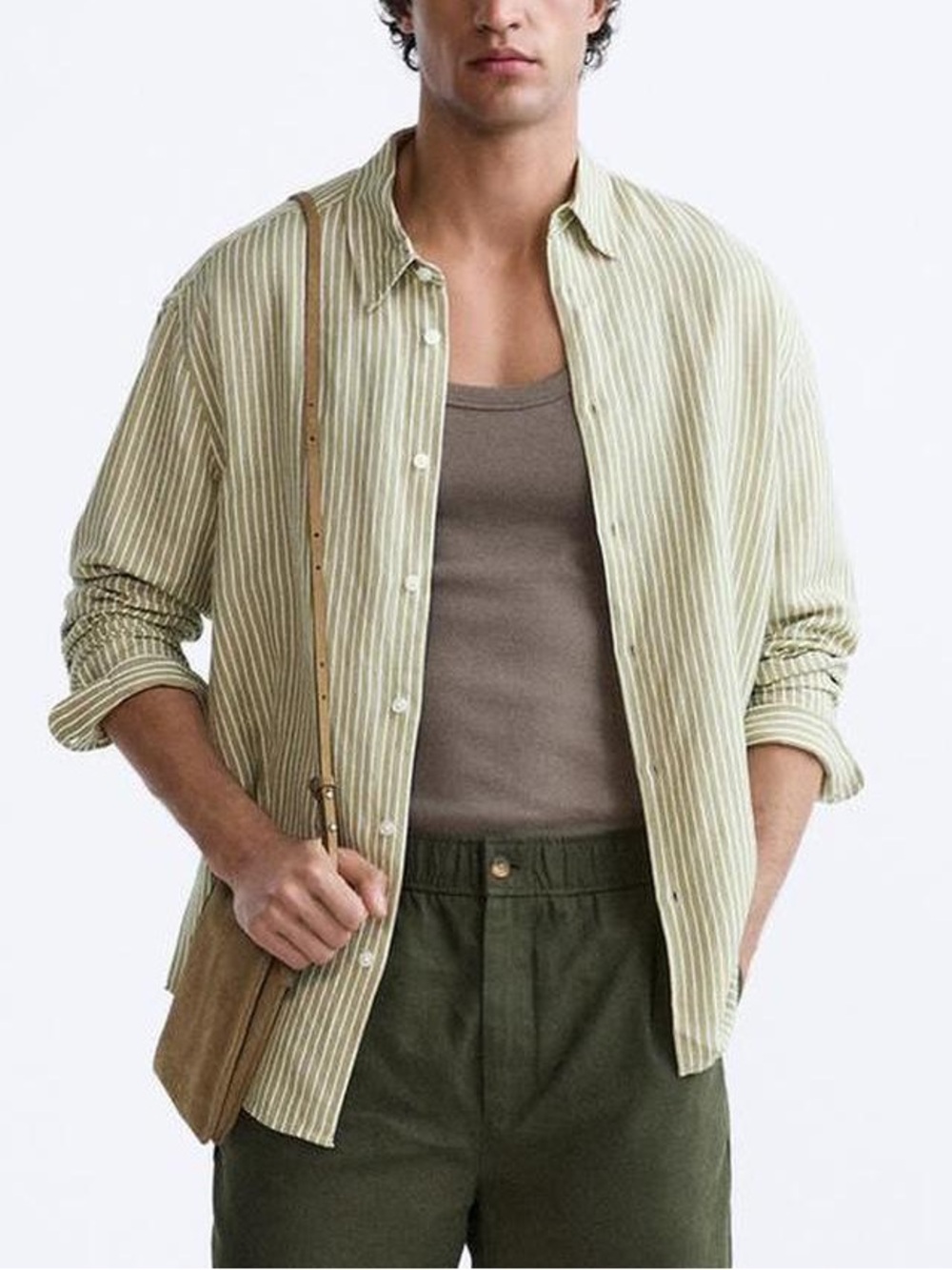 Zara men’s xl green / white striped linen shirt 55% linen 45% viscose